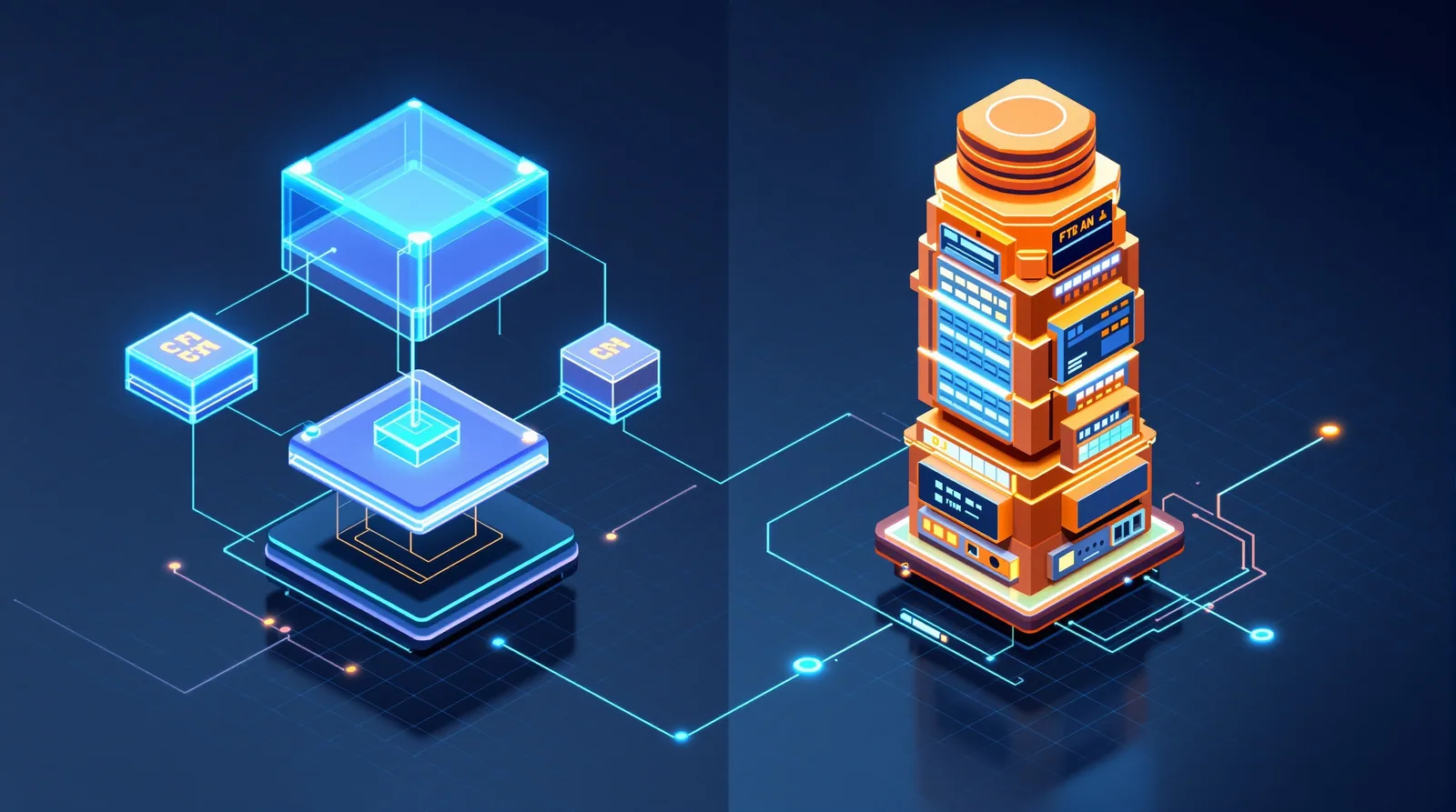 Architecture comparison: a clean static-site CDN edge stack on the left versus a tall layered dynamic CMS stack with database, plugins, and server on the right