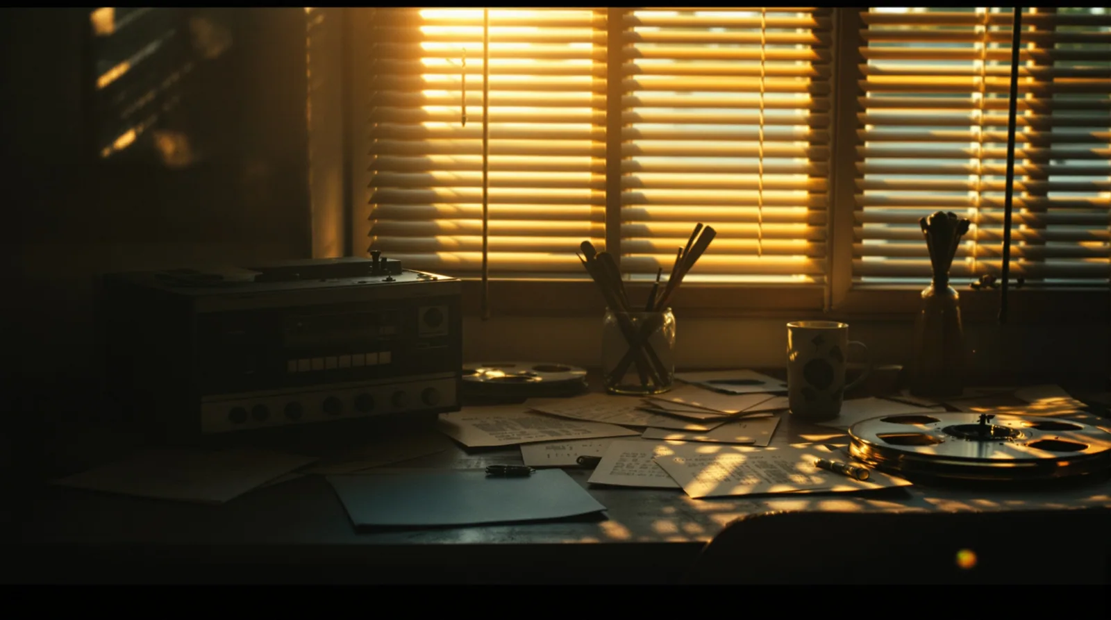 Vintage desk with manuscript pages and tape machine in warm golden-hour light
