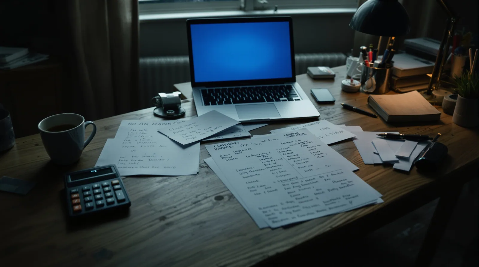 Worn desk with handwritten invoices, a vintage calculator, and a laptop glowing faintly in overcast London light