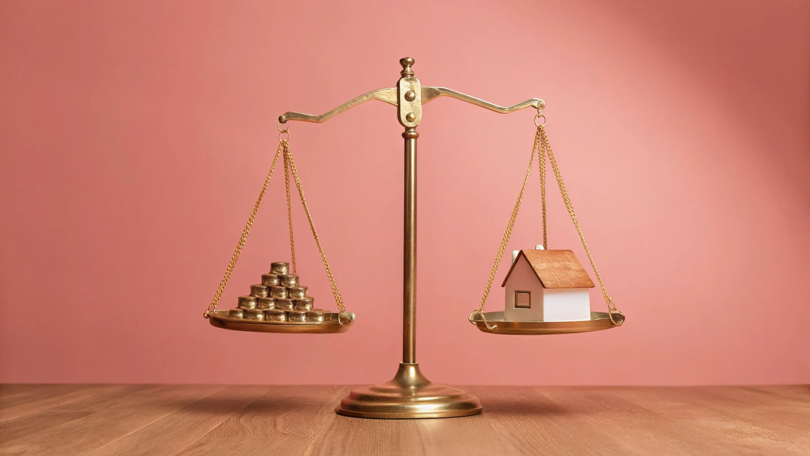 A precise balance scale weighing geometric ingots against a small house structure