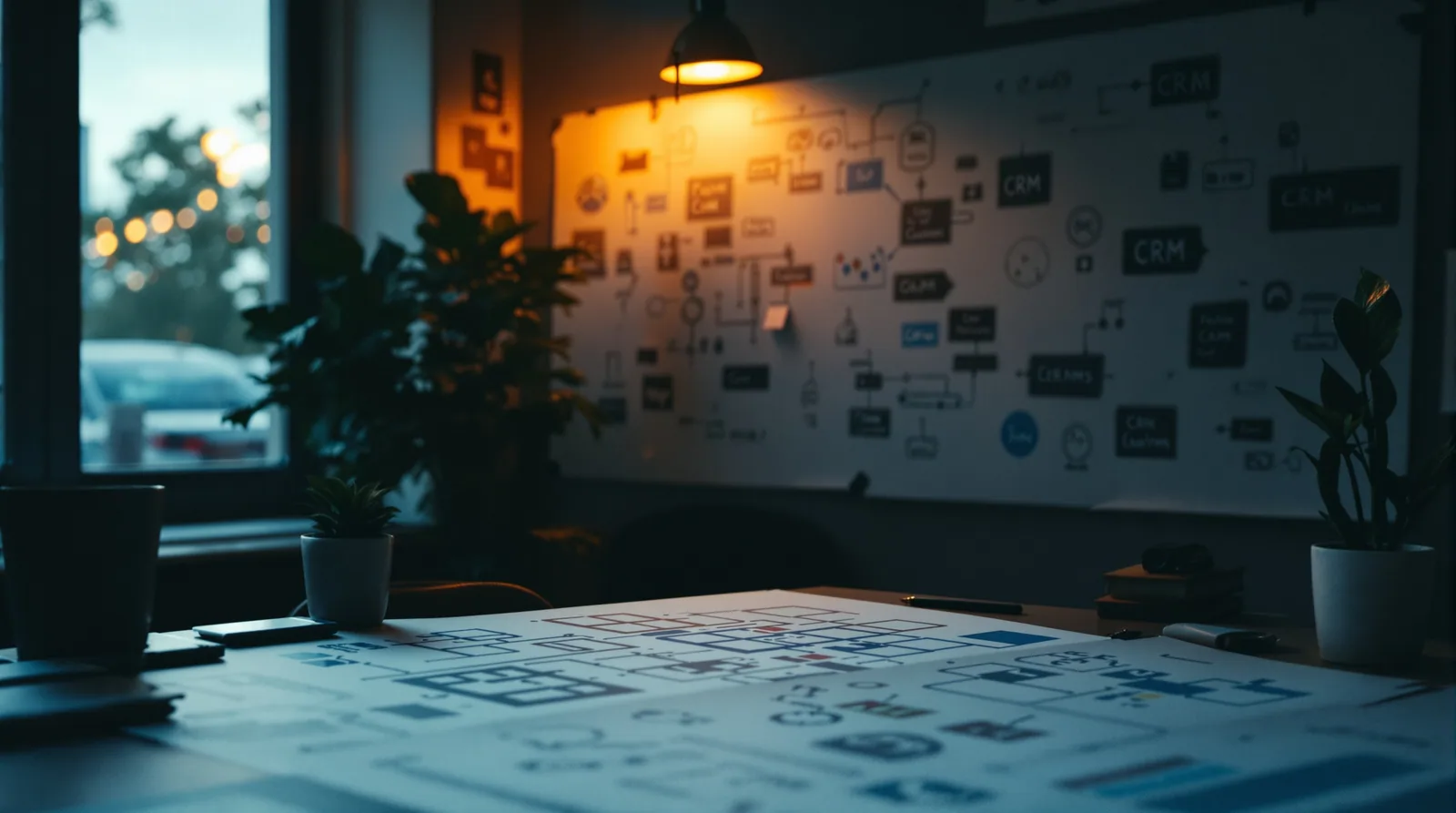 Workspace with CRM design sketches and flowcharts.