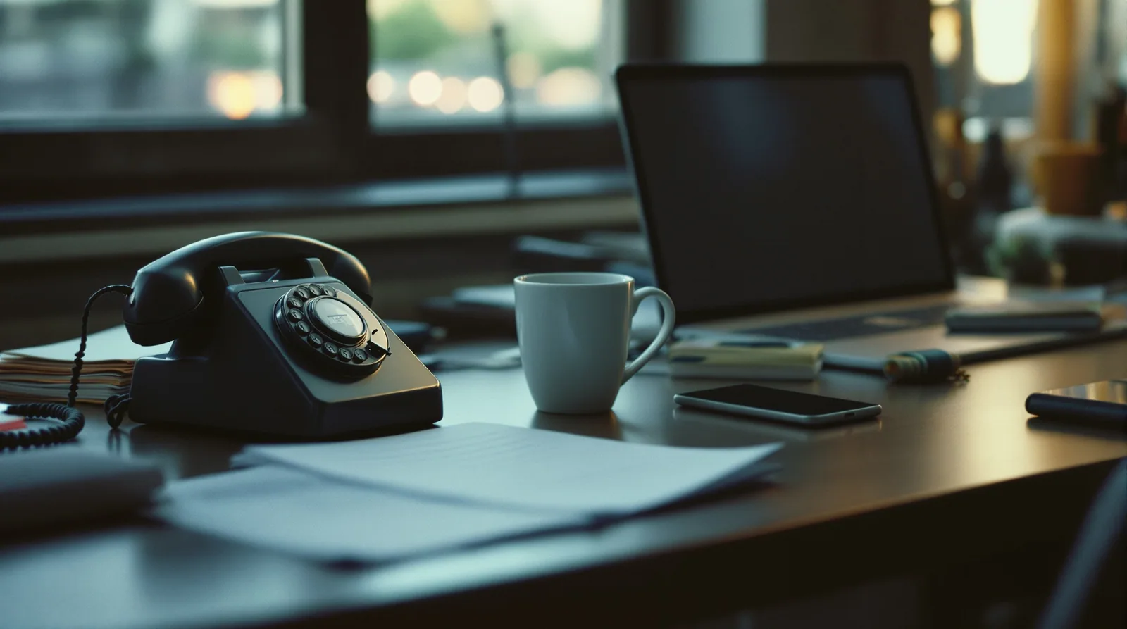 A vintage rotary telephone next to a glowing laptop on an organised desk in soft window light