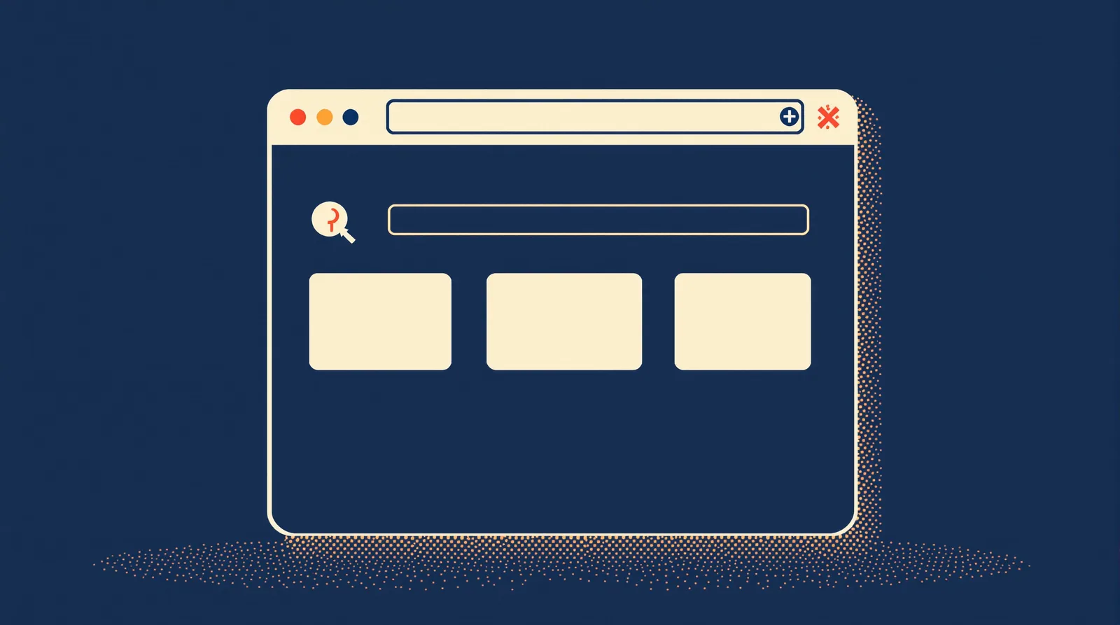 Line-art browser window with empty address bar, a key and three small blank shapes below