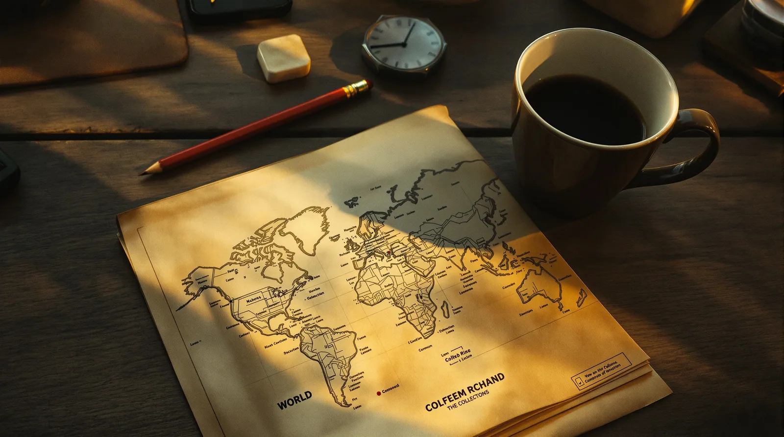 Worn paper world map on a desk with a pencil and coffee cup, shot in warm golden-hour light with film grain
