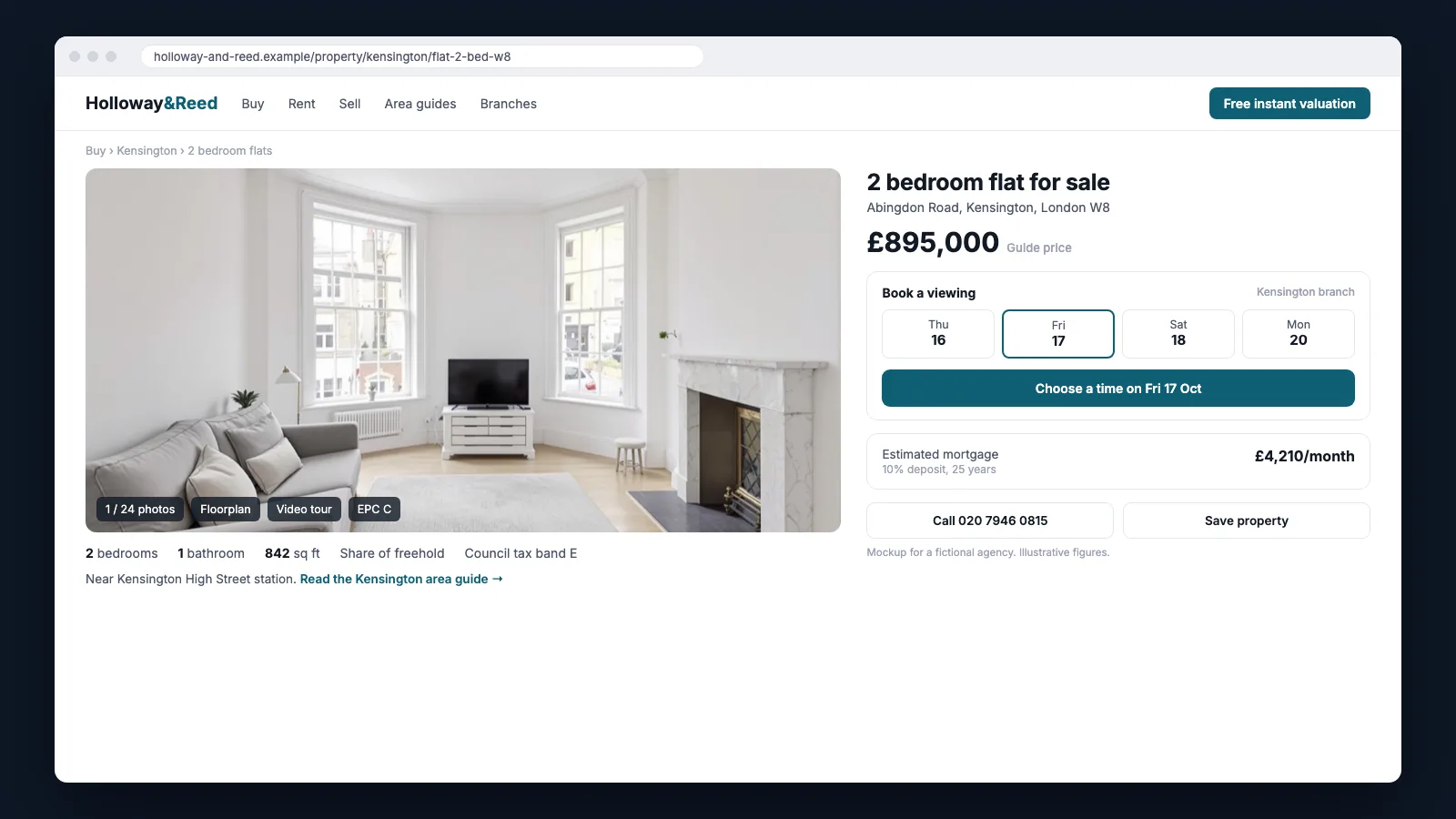 Mockup of a property page for a fictional estate agent, showing the listing photo with floorplan, video and EPC tags, price, a viewing booking panel with dates, a mortgage estimate and a call button.