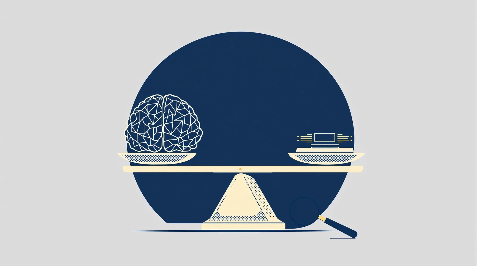 A balance scale weighing a line-drawn human brain against a computer chip, with a magnifying glass beside it