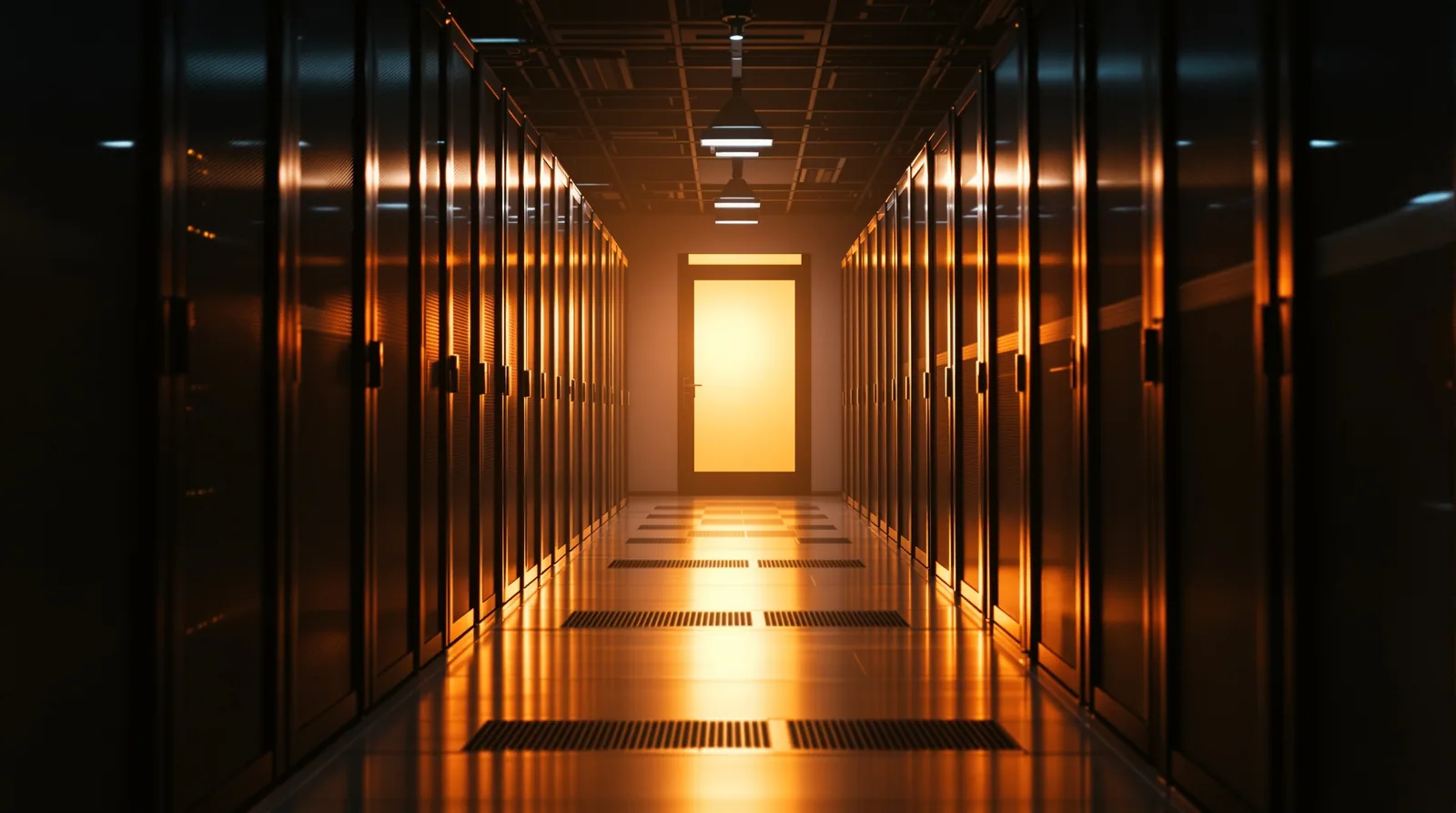 Dimly lit server room corridor with warm amber light and long shadows, cinematic 35mm film aesthetic