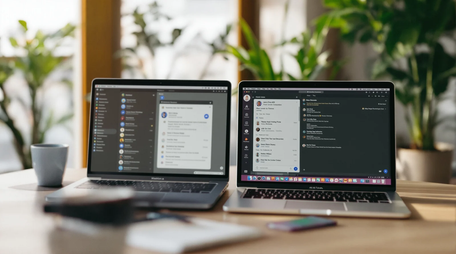 Two laptops side by side showing AI chat interfaces on a clean modern desk