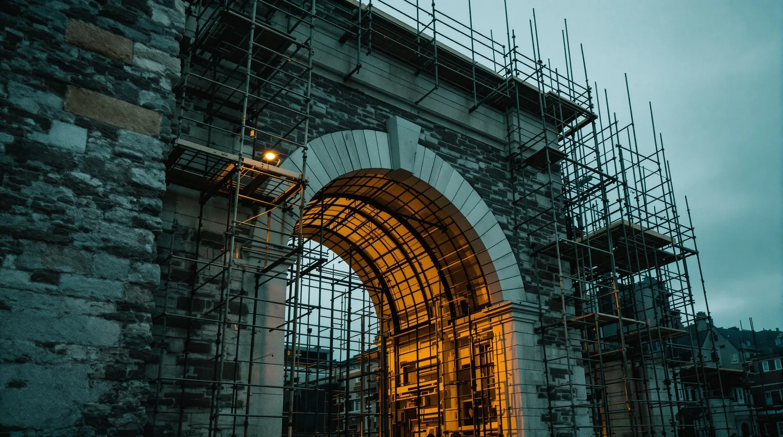 A stone archway being rebuilt with modern steel and glass at dusk, suggesting legacy systems modernised onto a current stack