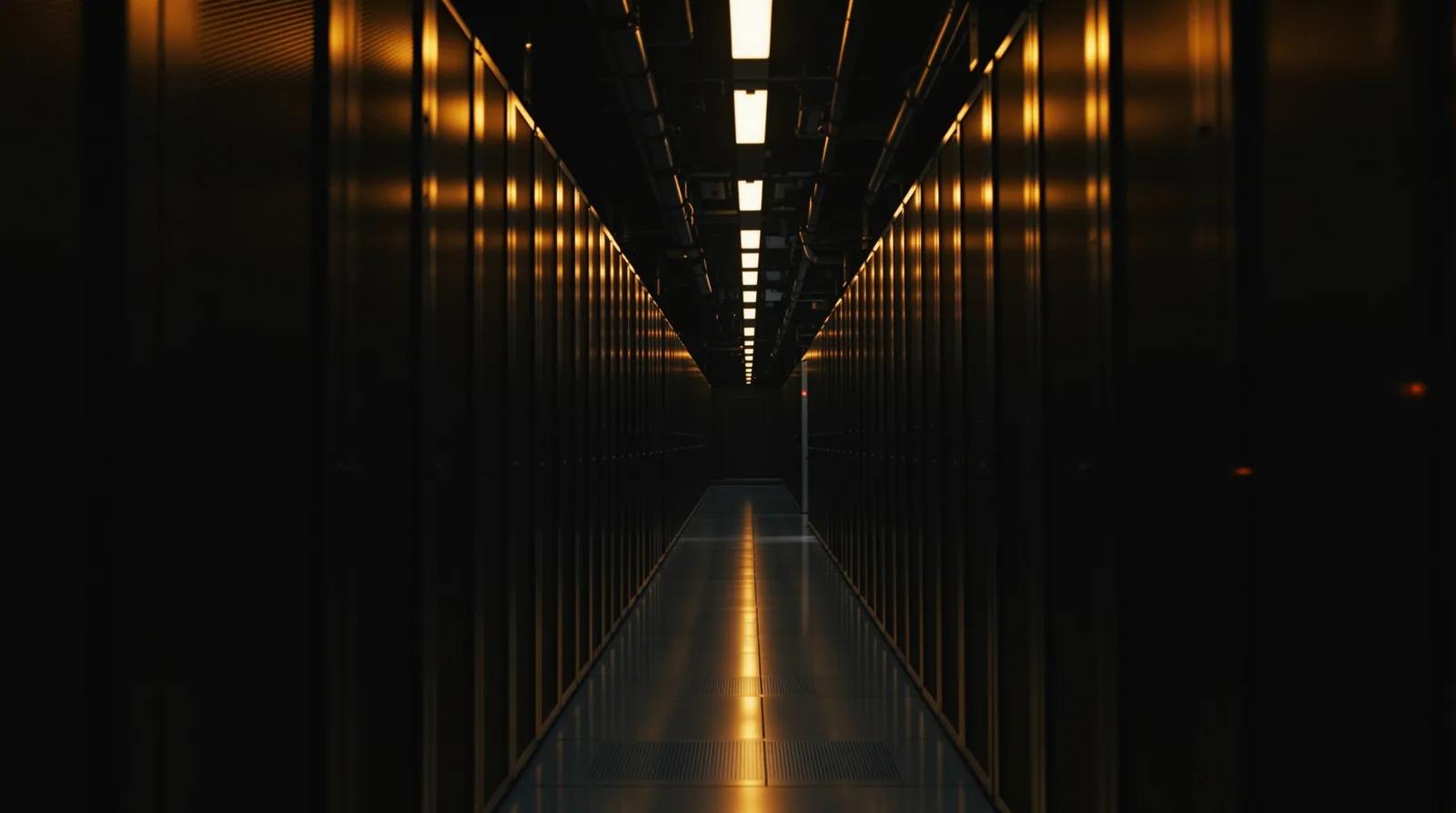 Dimly lit server room corridor with amber lighting and rows of black server racks