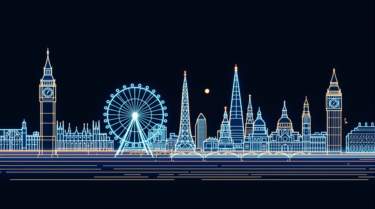 London skyline line-art, Big Ben, the London Eye, Tower Bridge and the Shard