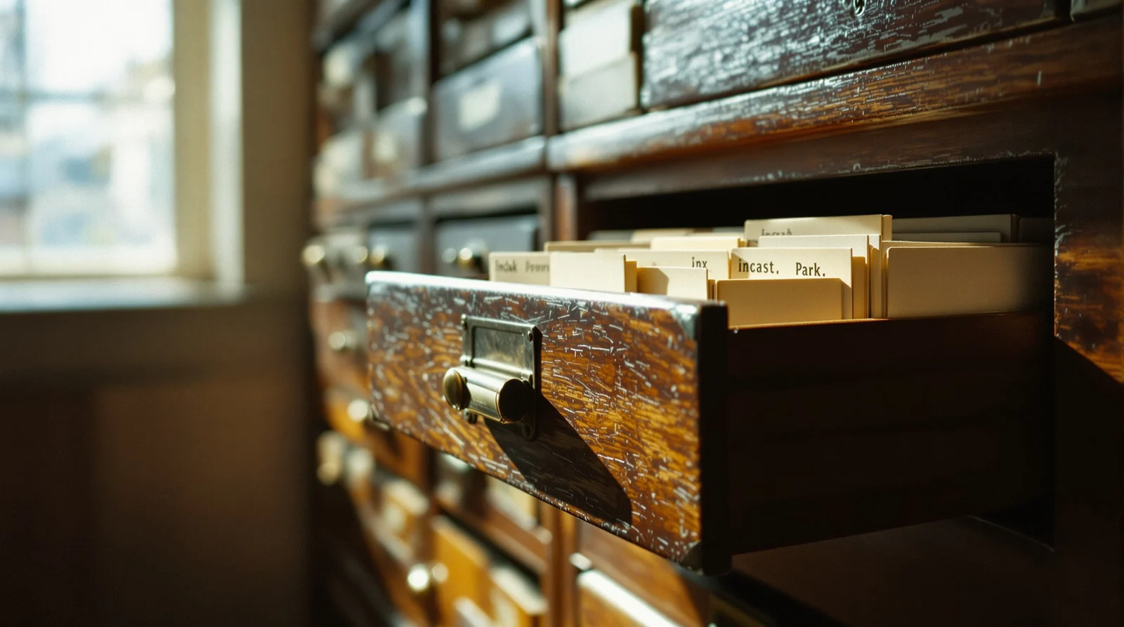 A weathered library card catalogue drawer with index cards spilling out, suggesting an older information-retrieval system