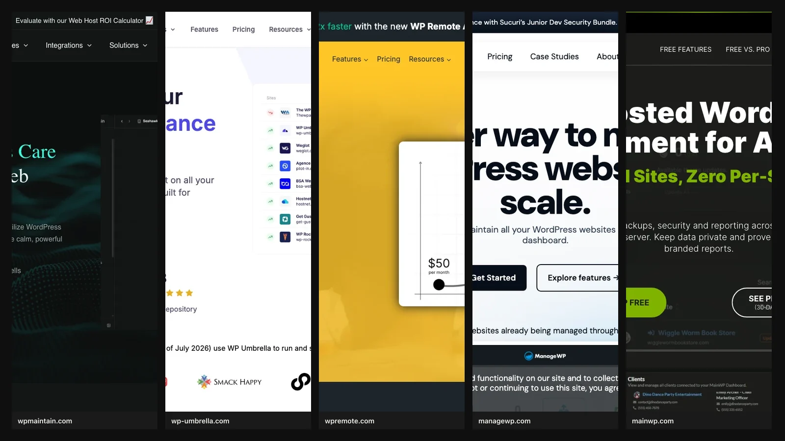 Homepage screenshots of WP Maintain, WP Umbrella, WP Remote, ManageWP, and MainWP — ManageWP alternatives compared
