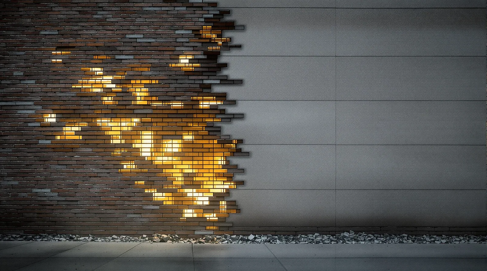A brick wall being replaced piece by piece with modern glass panels, suggesting incremental modernization of a legacy web application