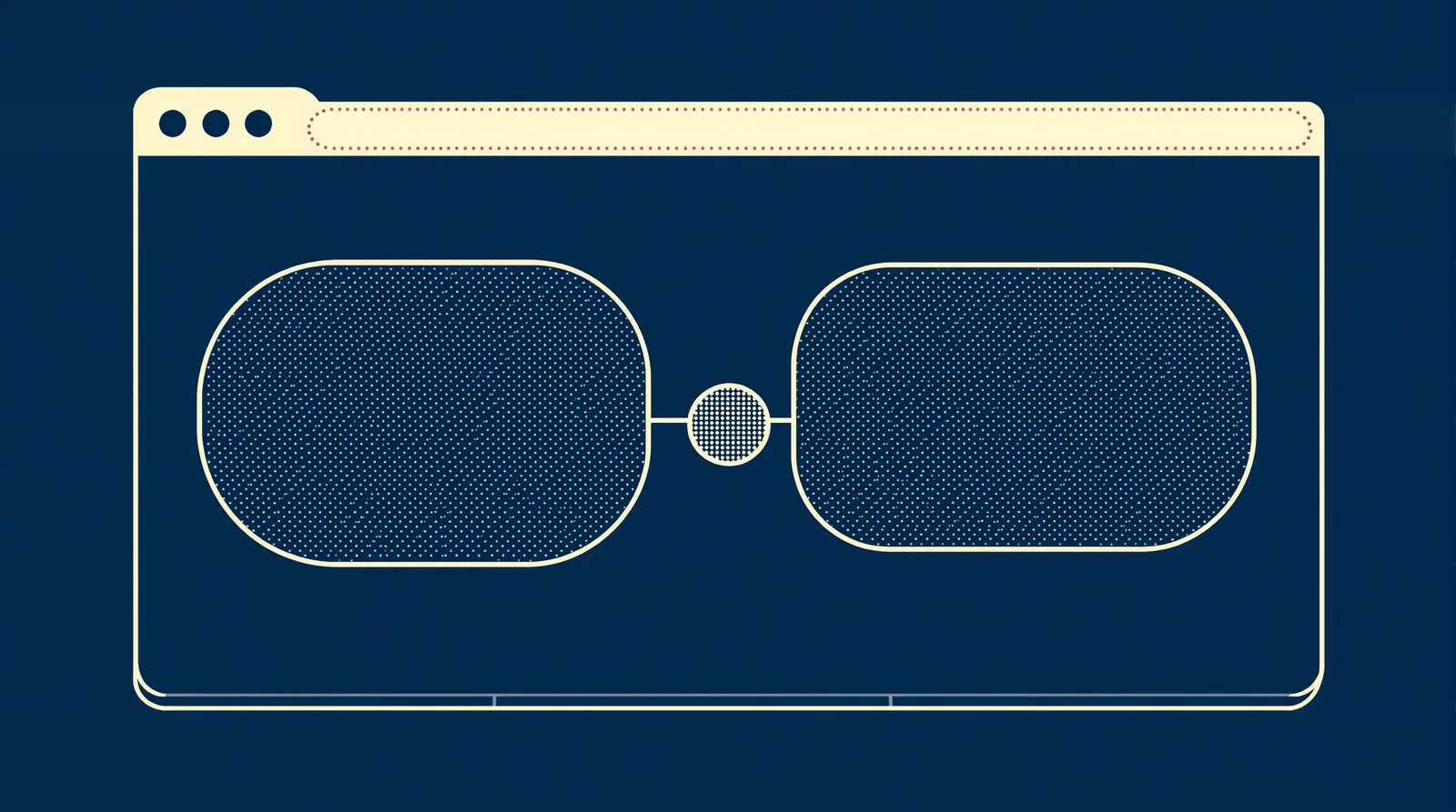 Browser address bar with two blocks joined by a large dot and an arrow arcing across it, showing a name read across the dot.