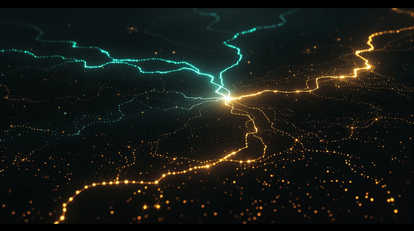 A teal stream and an amber stream of light converging over a dark network plain, suggesting two competing hosting platforms