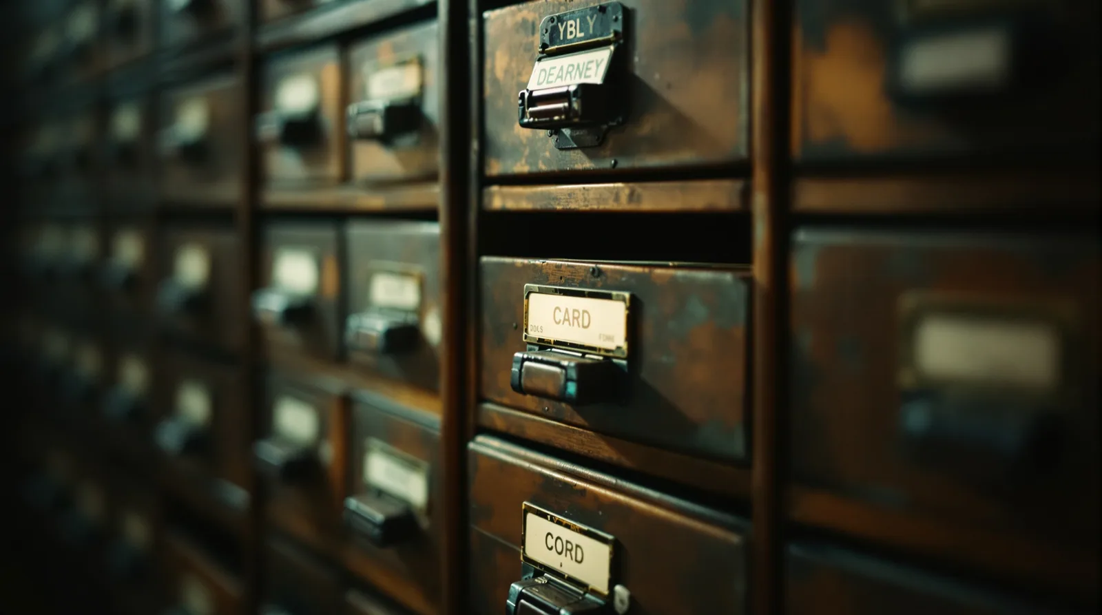 A card catalogue with a handful of drawers repeatedly opened, standing for a small recycled research base