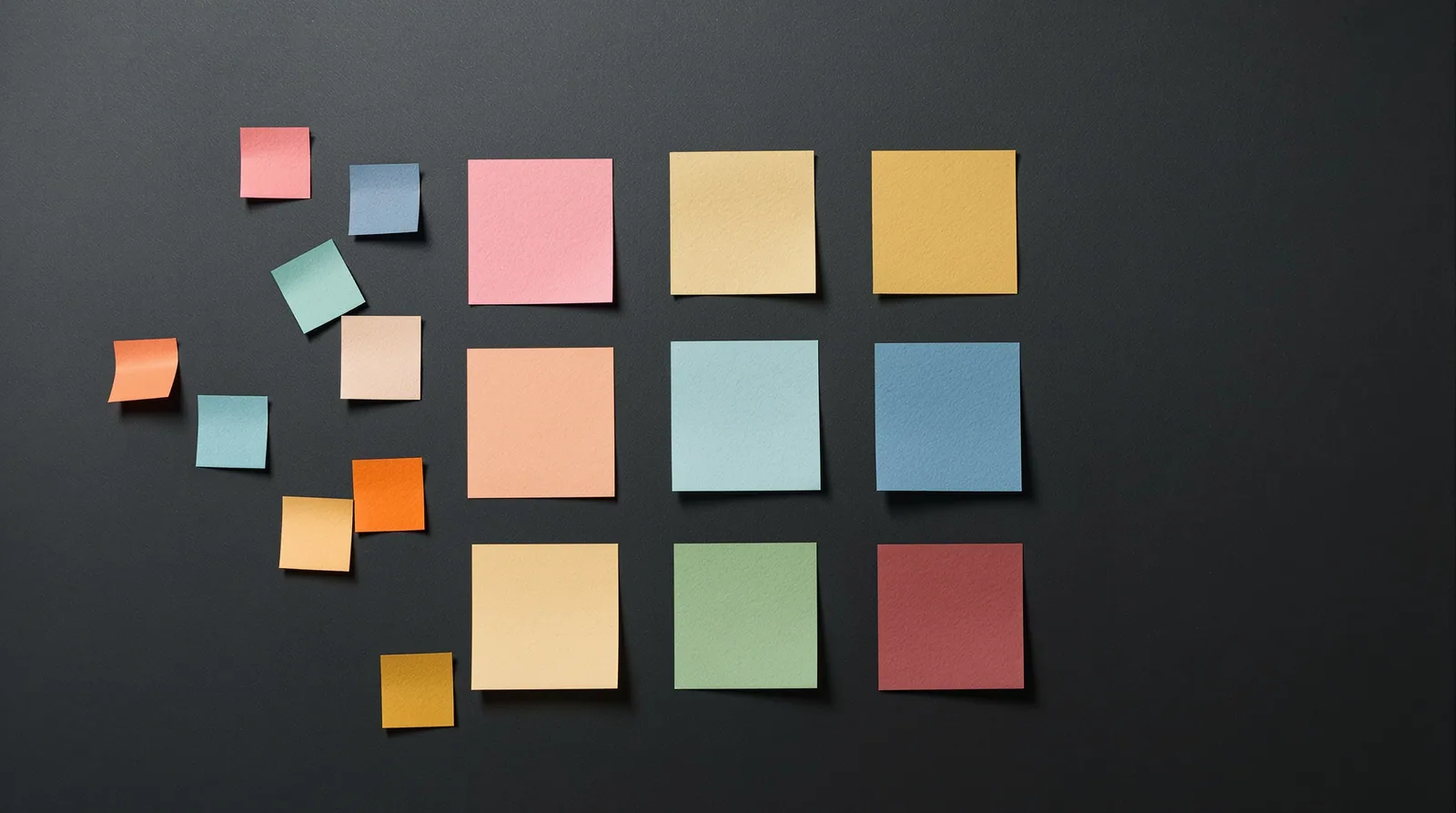 Coloured squares on a dark surface with a single brighter square drawing the eye first