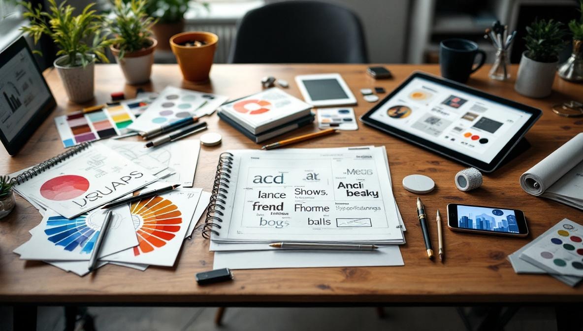 A creative studio table with hand sketches, swatches, typography specimens, and a tablet showing wireframes