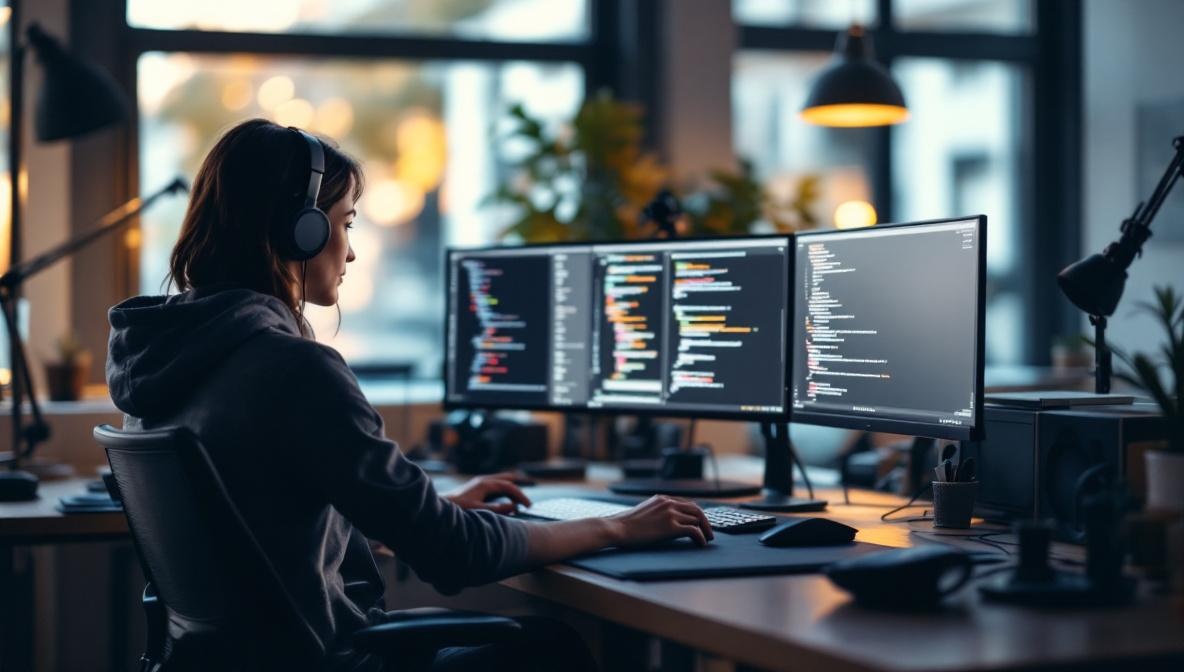 A designer and developer working together at a studio desk with custom design and code on side-by-side screens