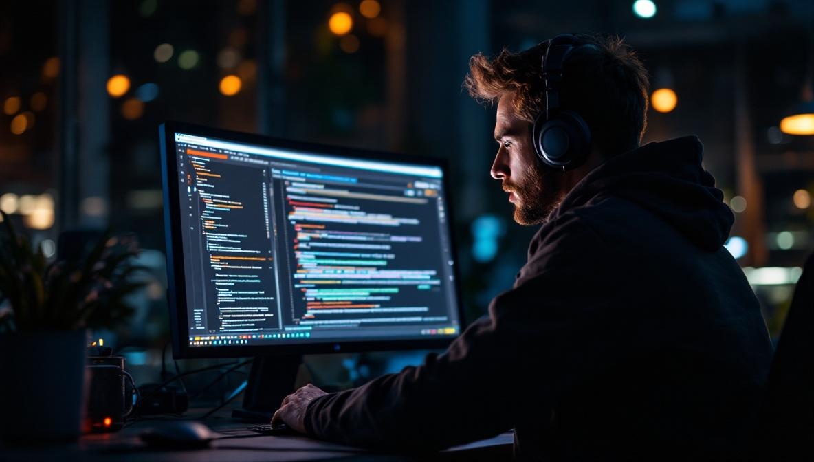Engineer responding to a WordPress incident at night under monitor glow