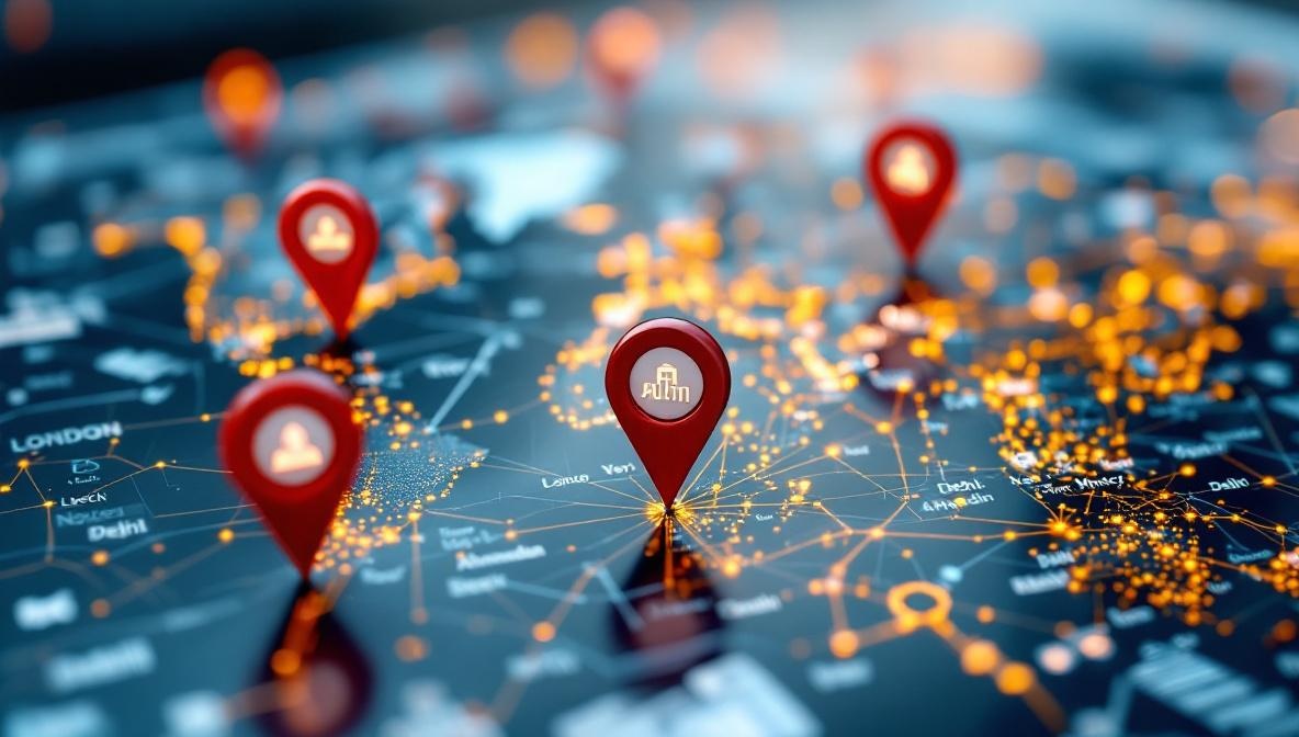 Global operations dashboard with London, New York, New Delhi, and Ahmedabad pins