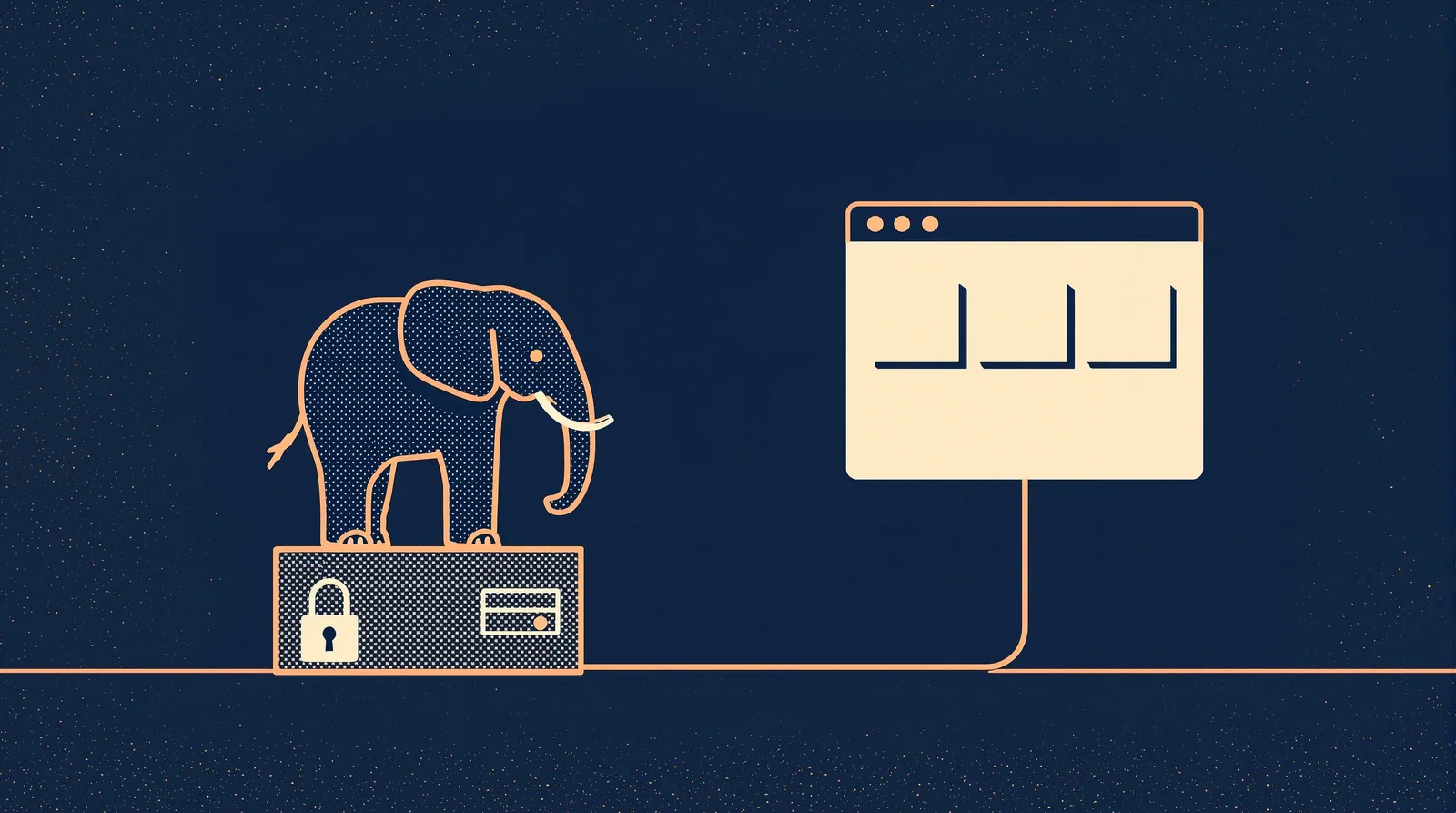 Elephant on a server box beside a broken padlock, with a detached browser window linked by a single thin cable.