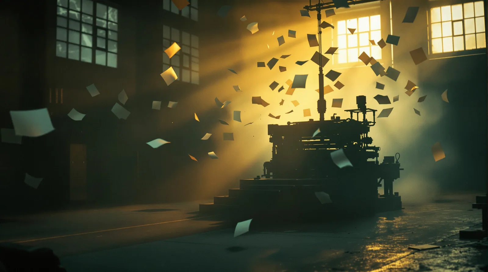 Industrial printing press in a warm amber-lit warehouse with papers flying, shot on 35mm film