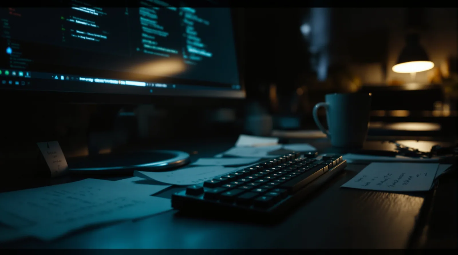 A dim developer's desk at night with glowing monitor, scattered notes, and a cold coffee mug in moody editorial lighting
