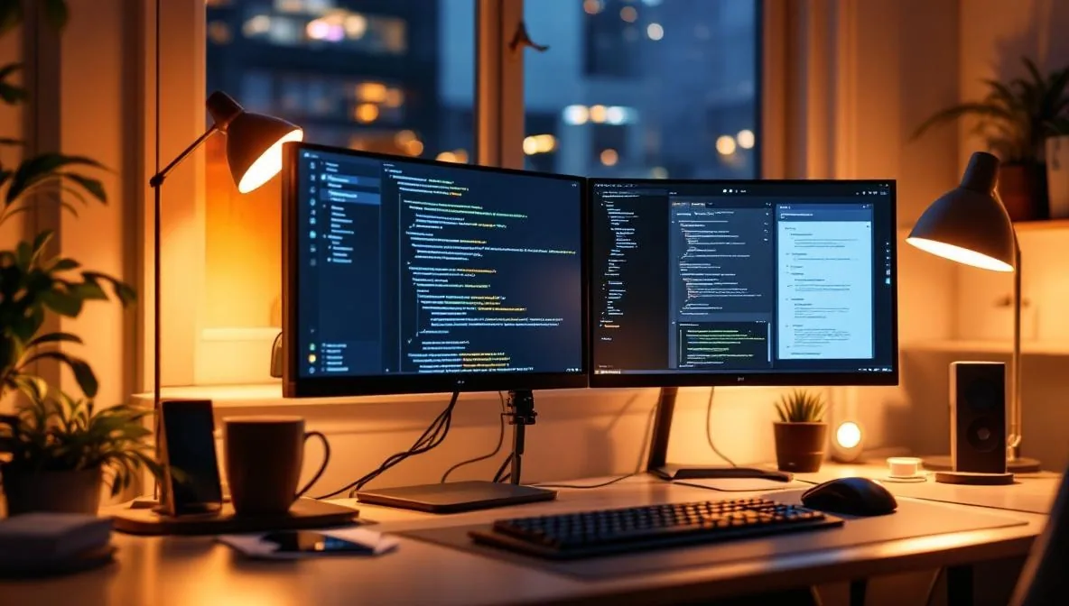 开发者在夜间于双显示器上进行无头架构工作，涉及后端 API 和前端 UI