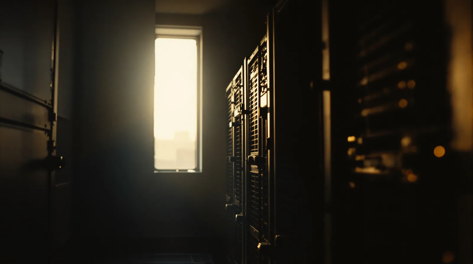 Rack serveur vintage dans une salle faiblement éclairée avec une lumière dorée chaude traversant une fenêtre étroite, grain de film 35 mm