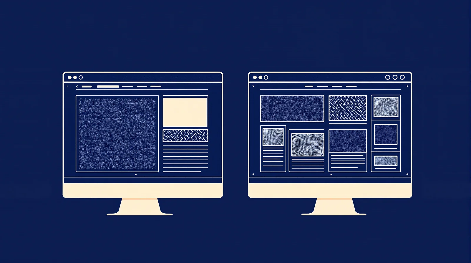 Two browser windows compared, one fixed page template and one with loose content blocks reflowing to phone, tablet and monitor