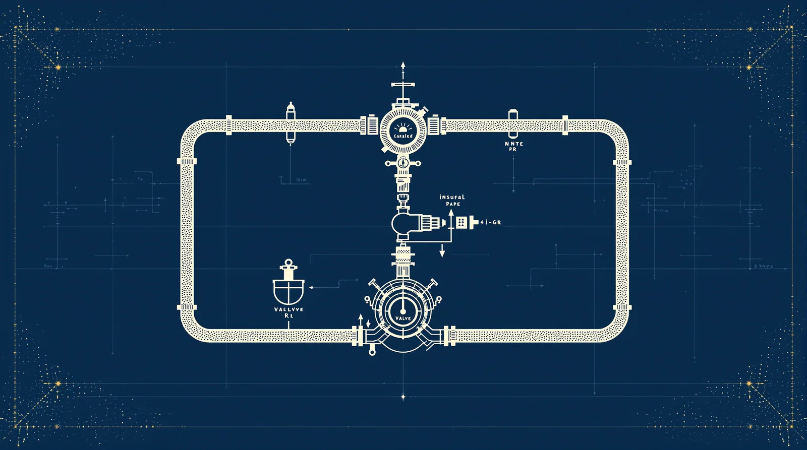 Two pipe branches at a valve junction, one carrying distinct labelled canisters and one carrying identical unmarked ones, representing differentiated versus templated content.