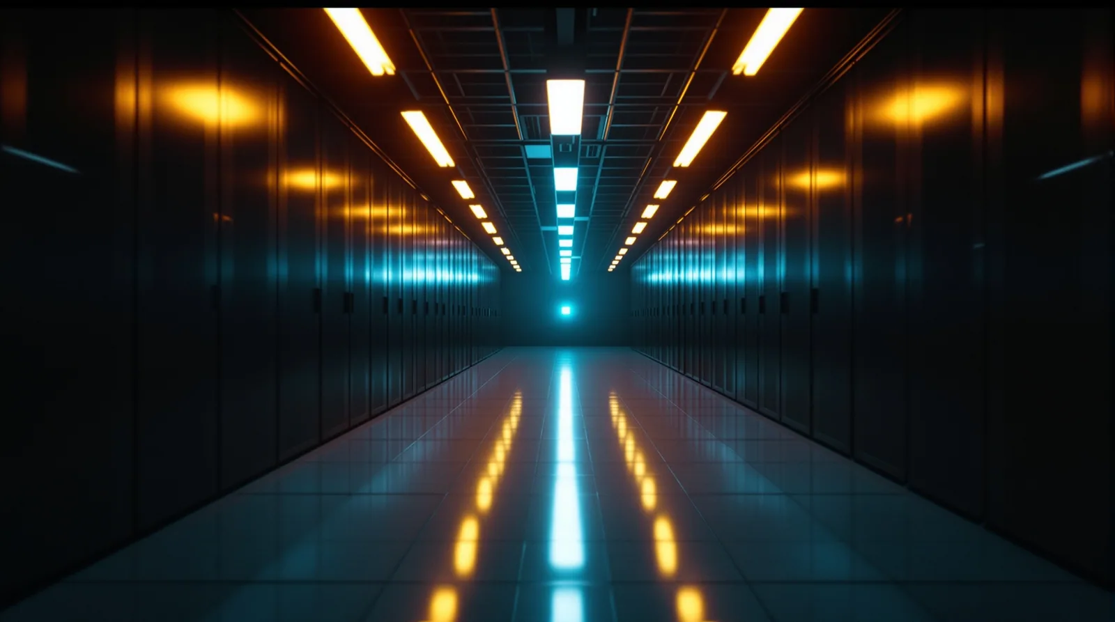 Long server room corridor with blinking LED panels, moody blue-amber 35mm film aesthetic