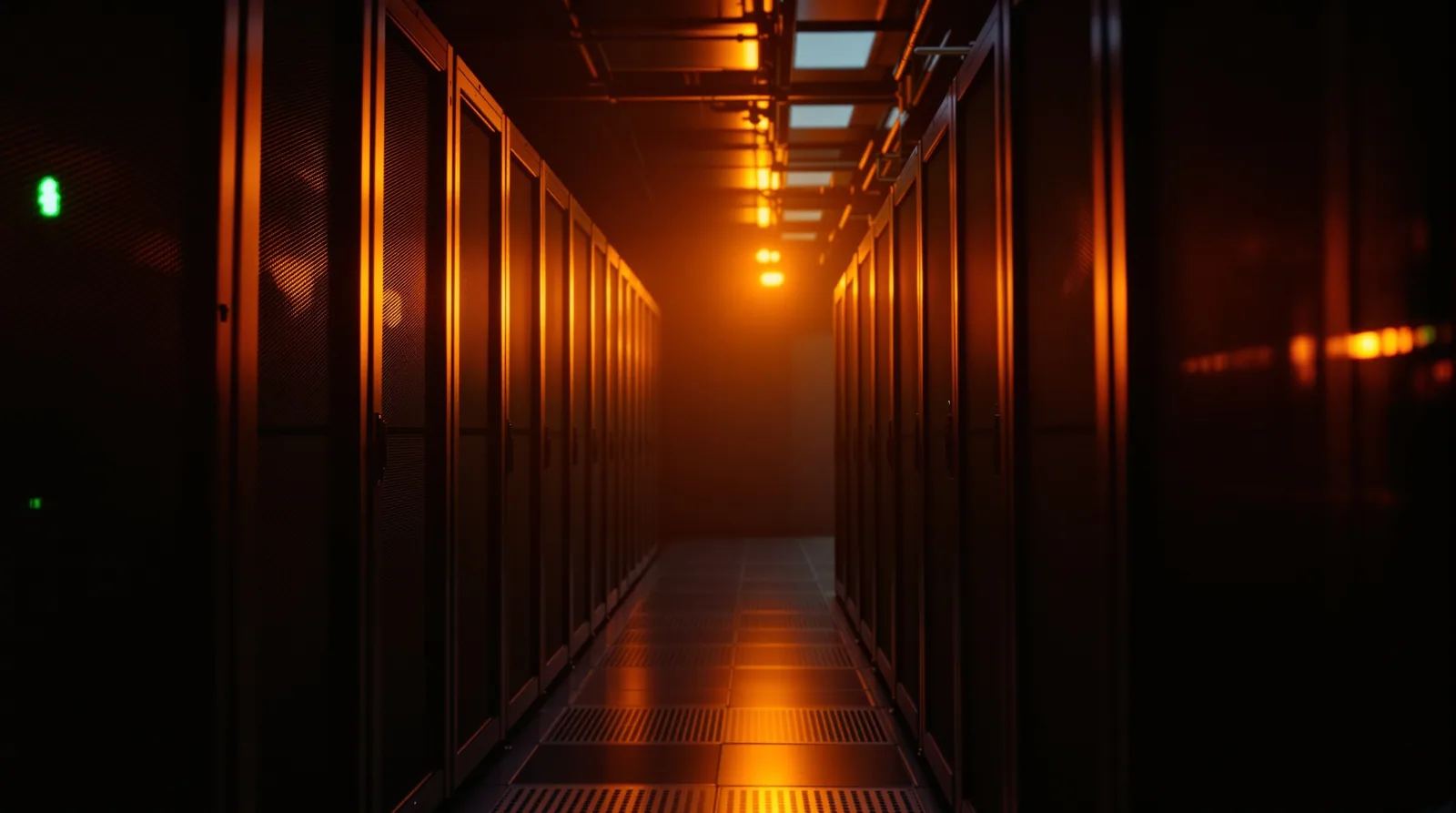 Dimly lit server room corridor with amber emergency lighting and blinking green LED on rack-mounted hardware