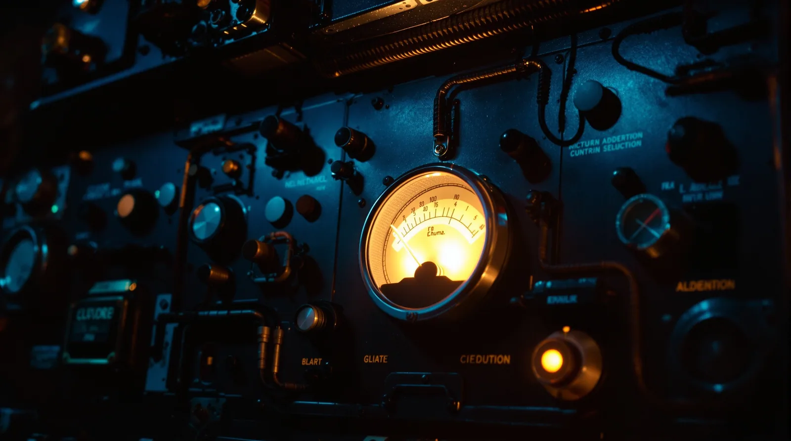 Vintage analogue control room with amber-lit dials and blinking indicators, 35mm film grain aesthetic