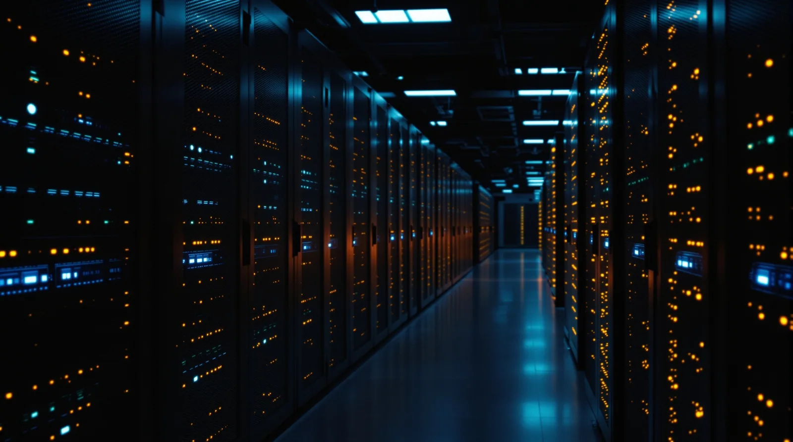 Dimly lit server room corridor with rows of blinking rack servers, warm amber and cool blue tones