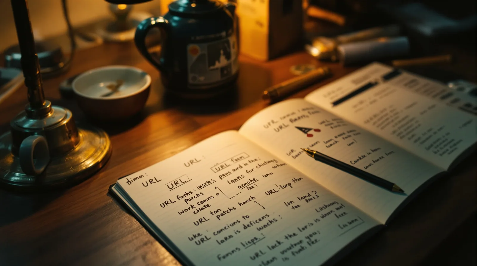 Cluttered London desk with handwritten SEO notes, warm amber lamp light, shallow depth of field