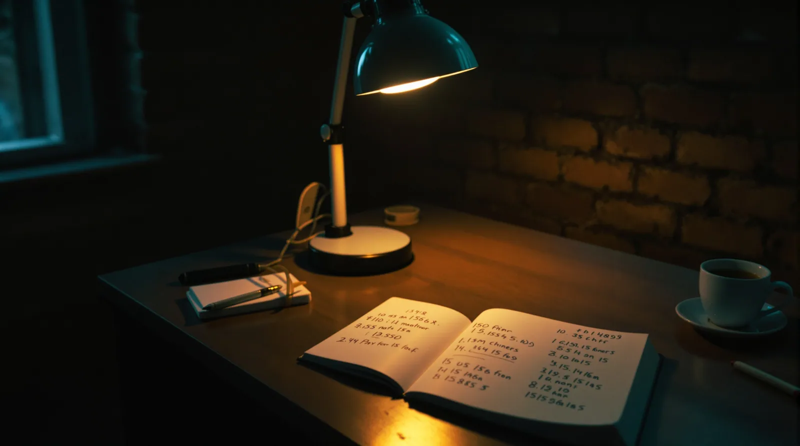 Dimly lit desk with handwritten notes and numbers under a warm lamp, suggesting cost analysis and planning