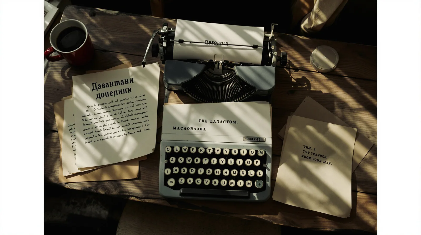 Máquina de escrever vintage em uma mesa com papéis mostrando diferentes scripts de idiomas sob luz do final da tarde
