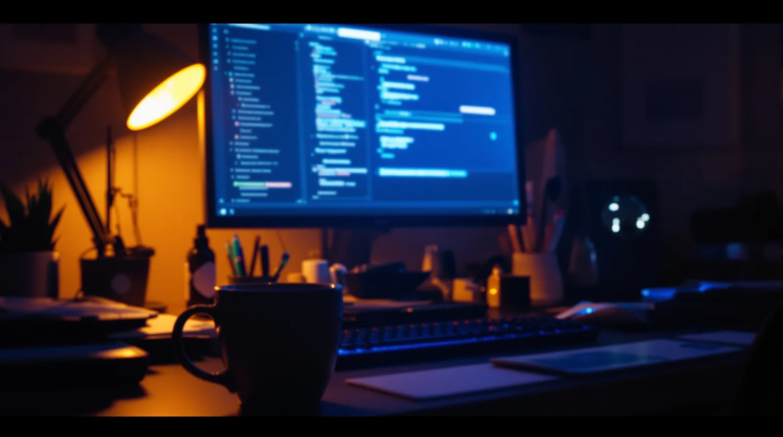 A developer's desk at night lit by monitor glow and a warm lamp, with a blurred mug of tea in the foreground