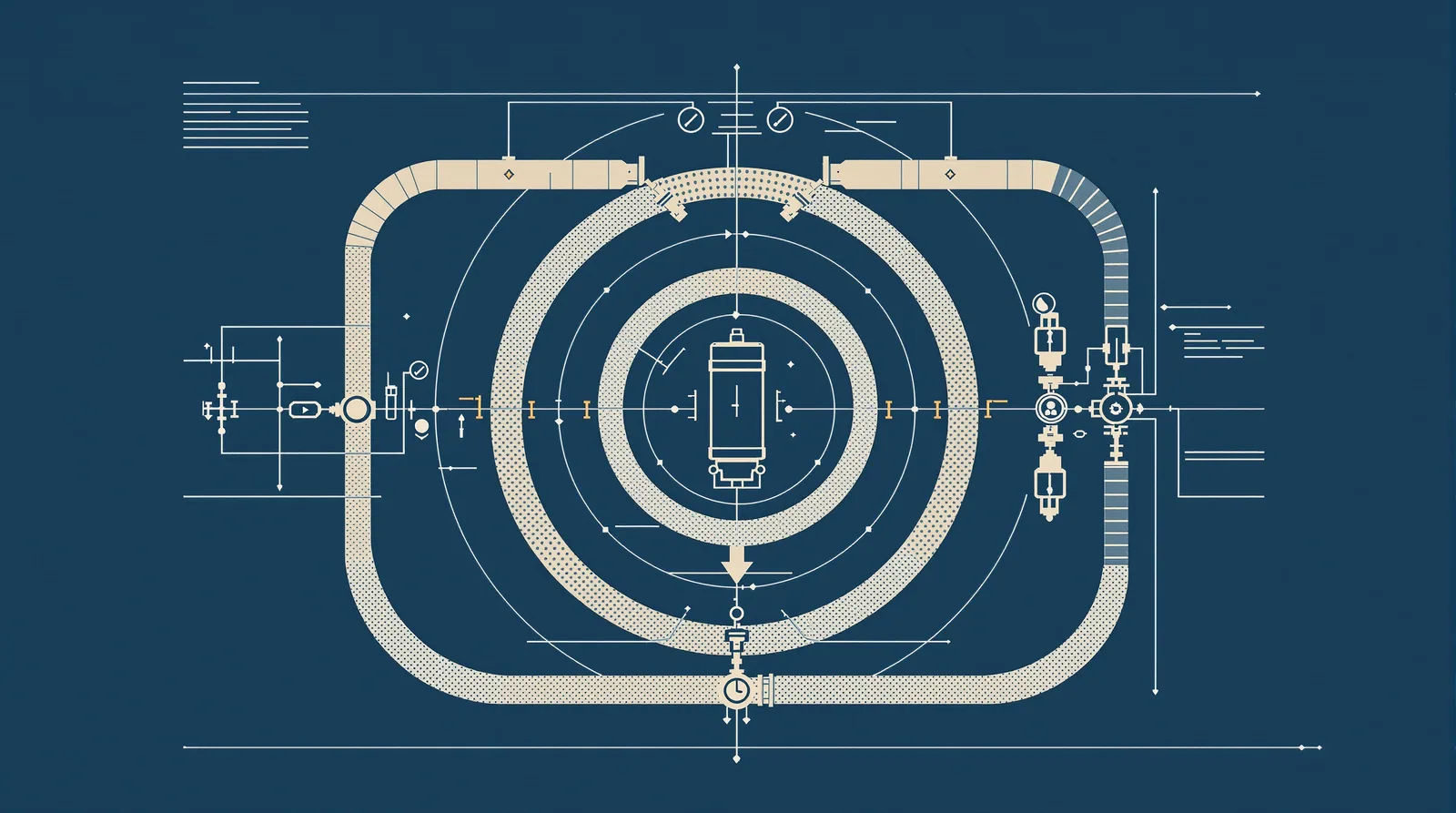 Desenho técnico de anéis de permissão concêntricos com válvulas e medidores ao redor de um cilindro servidor central.