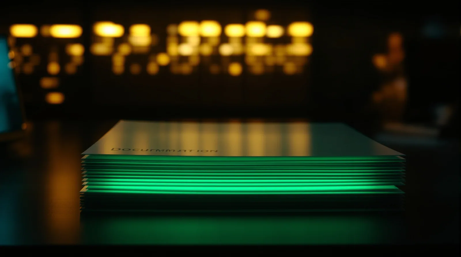 Stacked translucent glass documentation pages glowing soft green on a dark desk, suggesting a fast Vue-powered docs generator