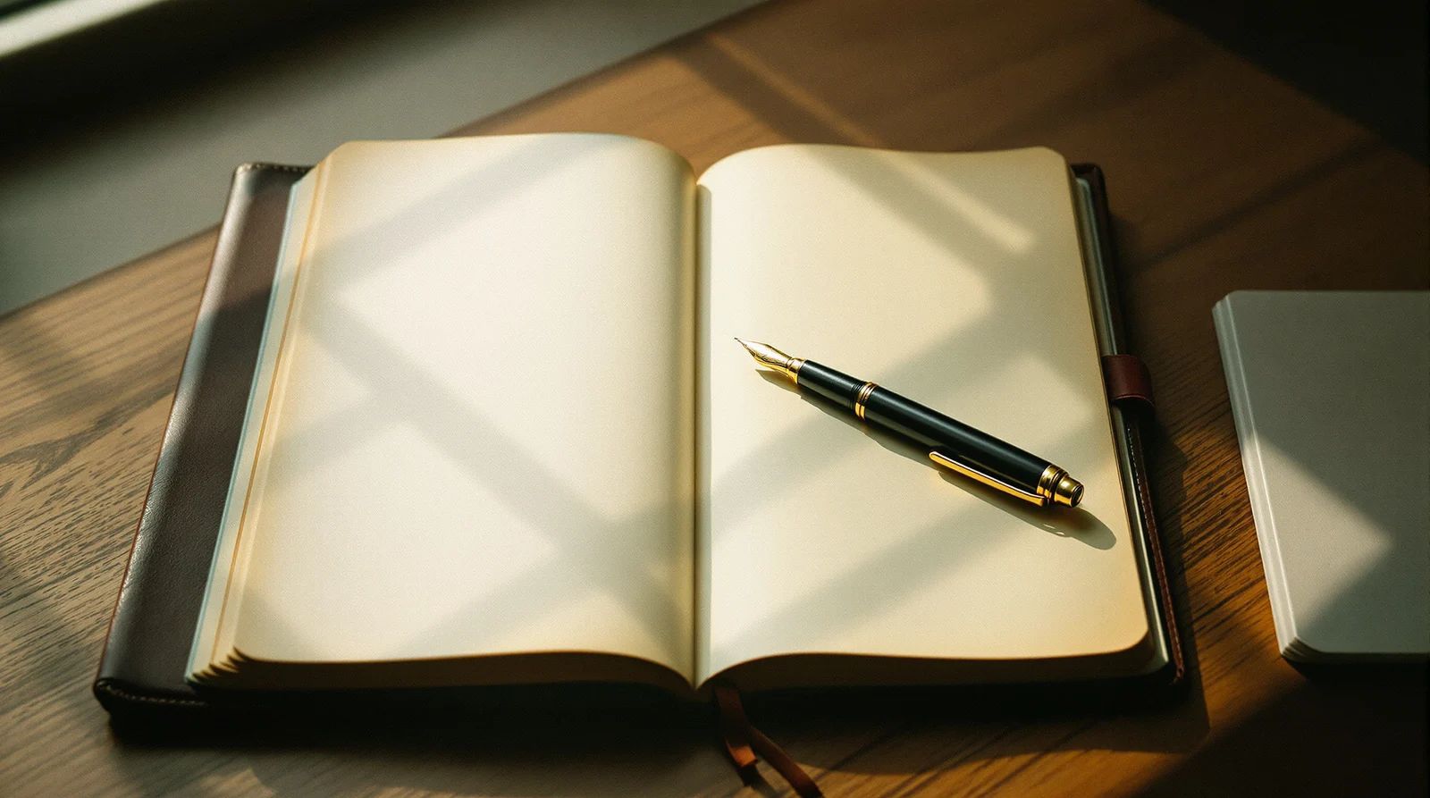 A leather notebook with a fountain pen and a single typewriter key on a clean wooden desk
