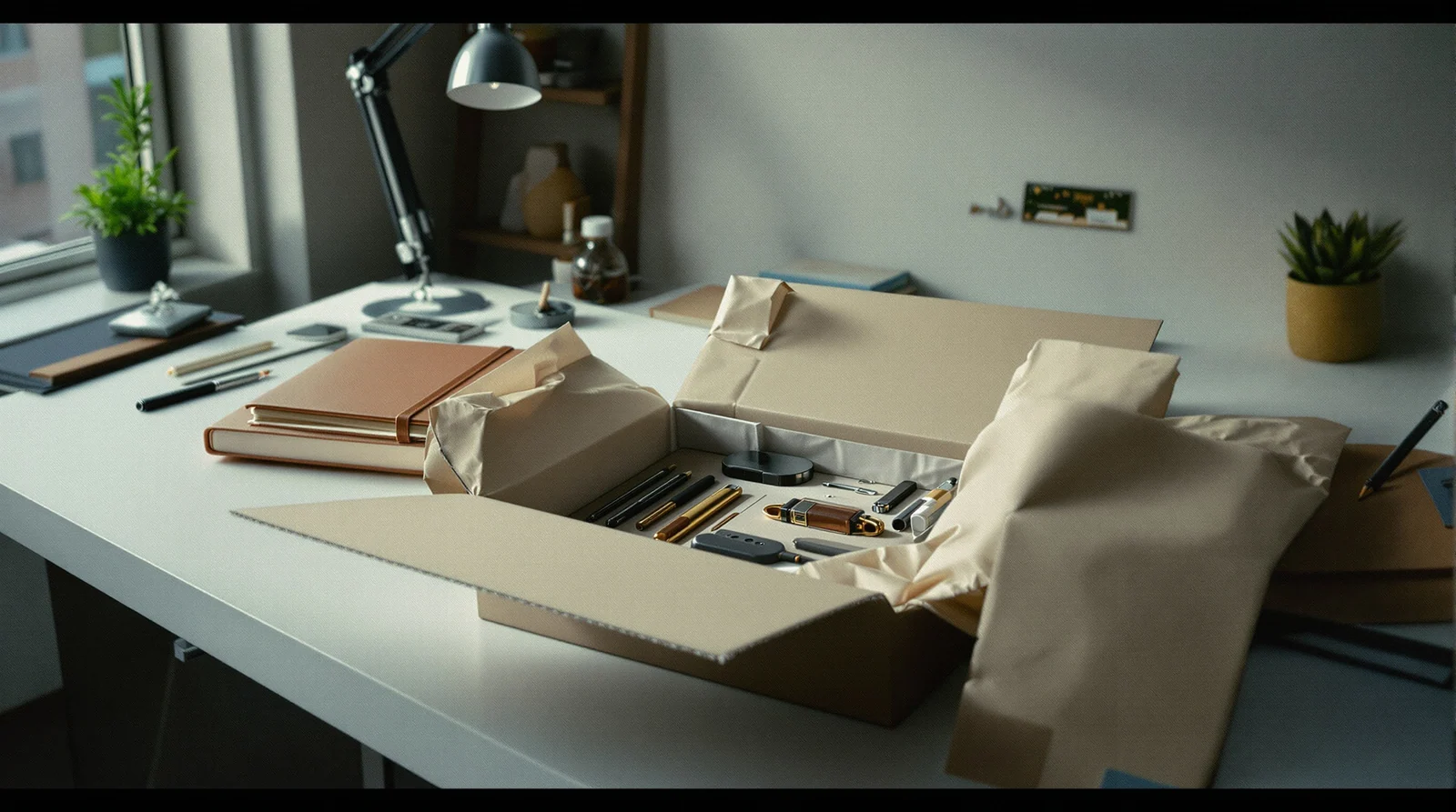 A neatly-wrapped package open on a desk revealing precision tools and a leather notebook