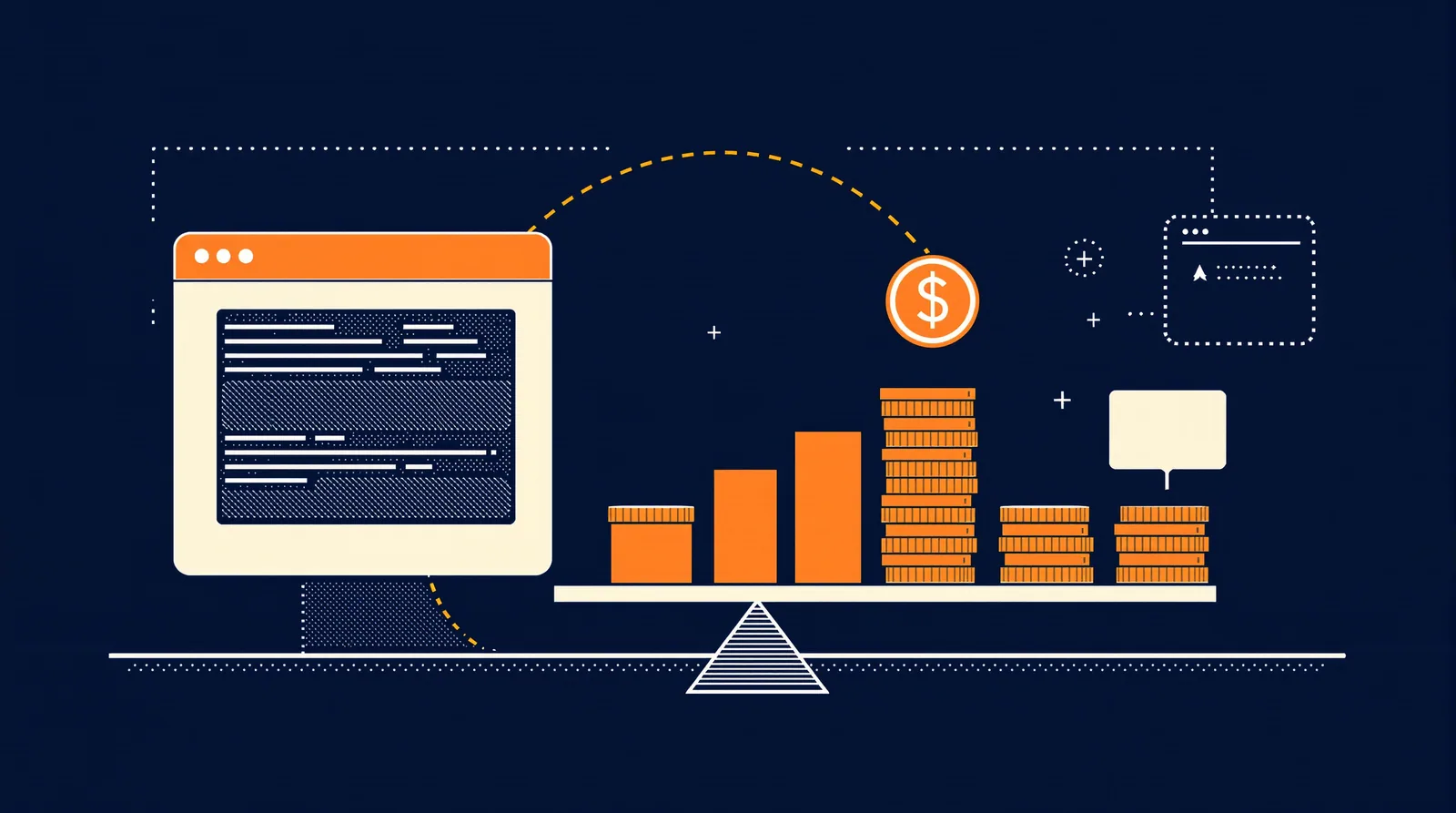 Two browser windows linked by a dotted arc, with a coin stack and a balance scale weighing a coin against a page card.