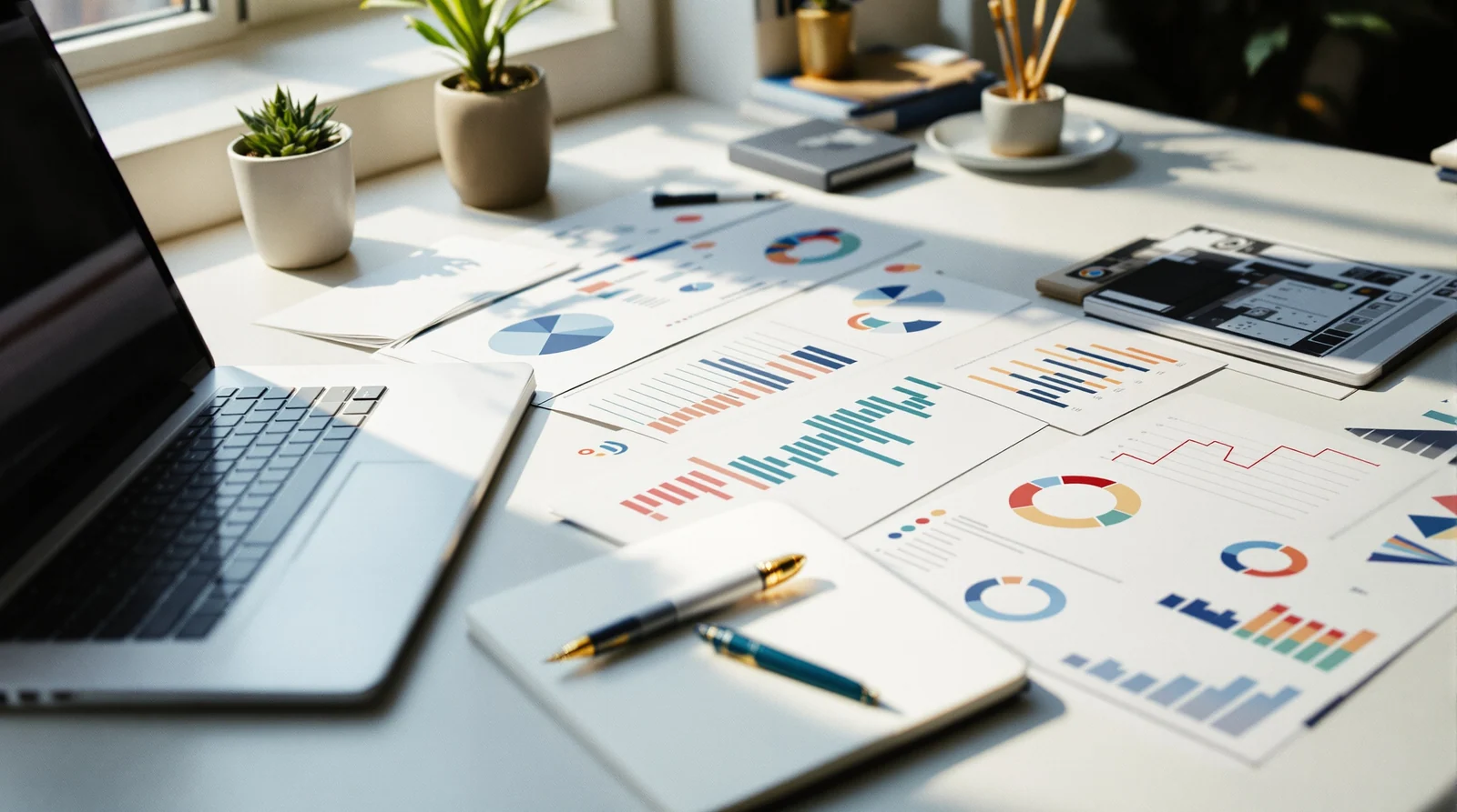 Analytics dashboards and printouts spread across a clean desk in soft window light