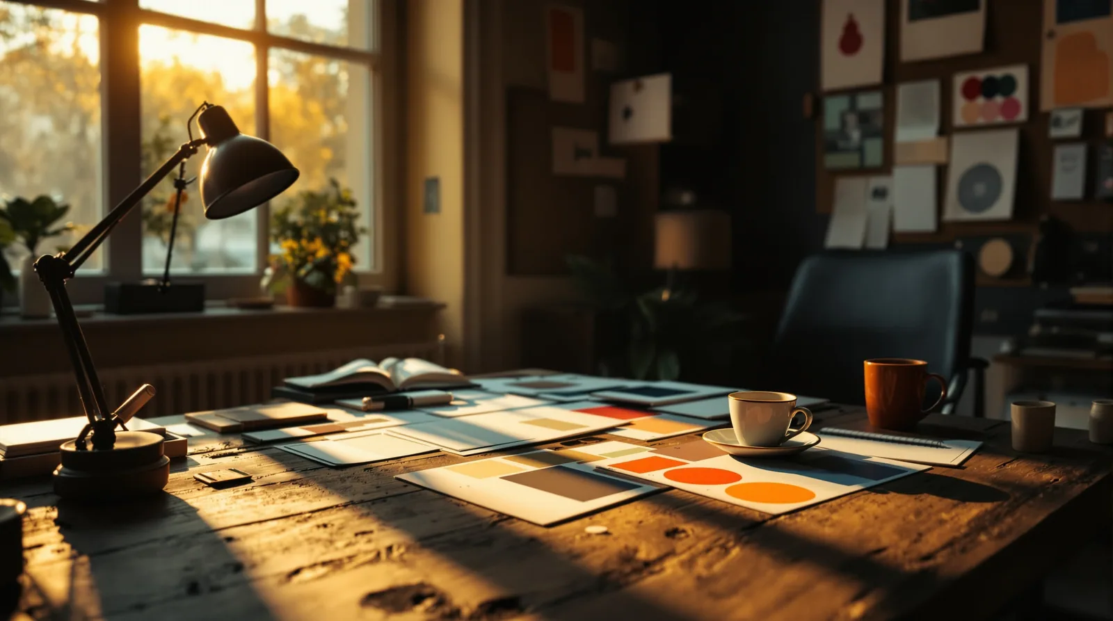 Brand mood boards and colour swatches on a wooden studio desk lit by golden-hour window light
