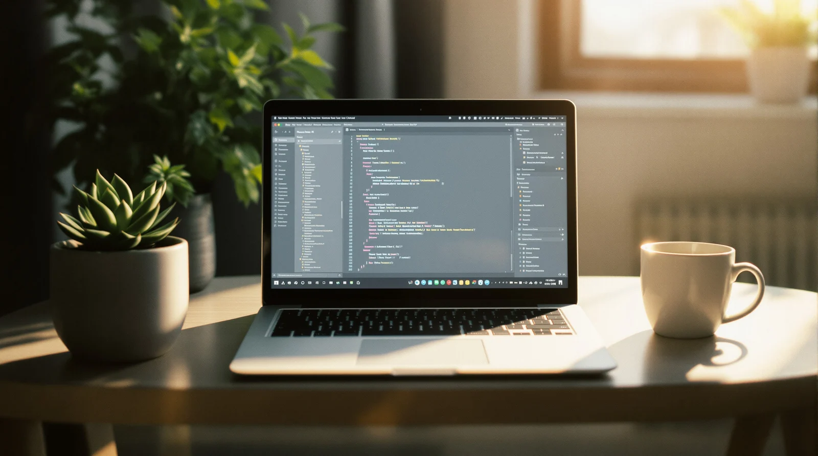A clean desk with a laptop, plant, and coffee in soft window light