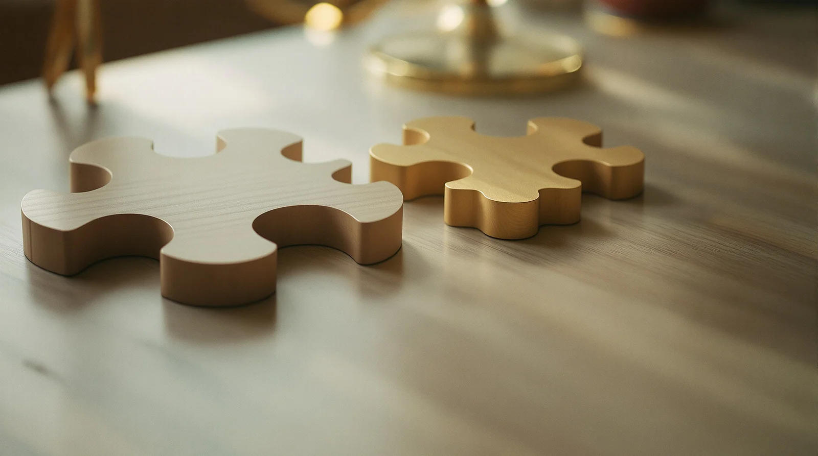 Two interlocking gears in muted earth tones suggesting partnership